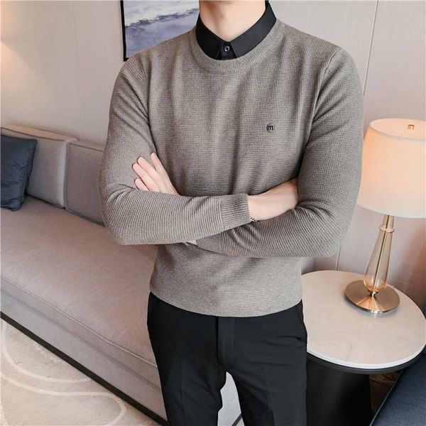 

men's sweaters brand autumn winter fashion embroidery sweater shirt collar fake two-piece knitted pullover casual slim long sleeve warm, White;black