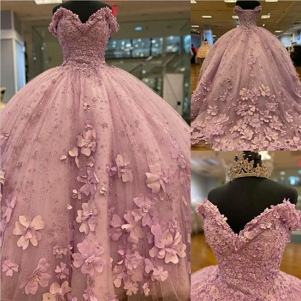 Blumen Prinzessin Ballkleid Quinceanera Kleider 3D-Spitzenapplikationen V-Ausschnitt Sweet 16 Ballkleid Partykleidung Kleider für besondere Anlässe