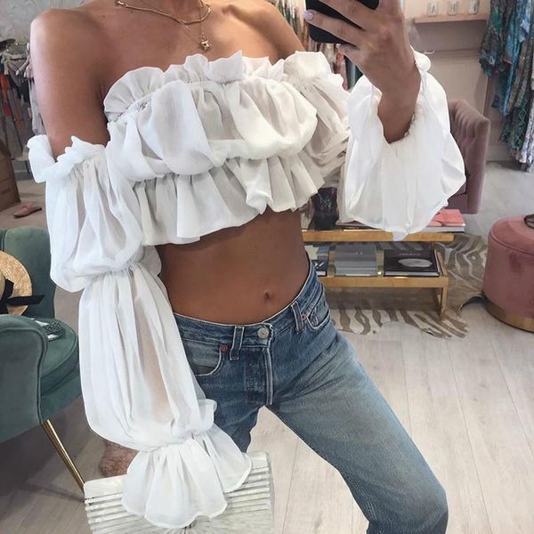 

chiffon long puff sleeve women blouses off shoulder crop loose casual shirts fashion shirt solid dropshipping, White
