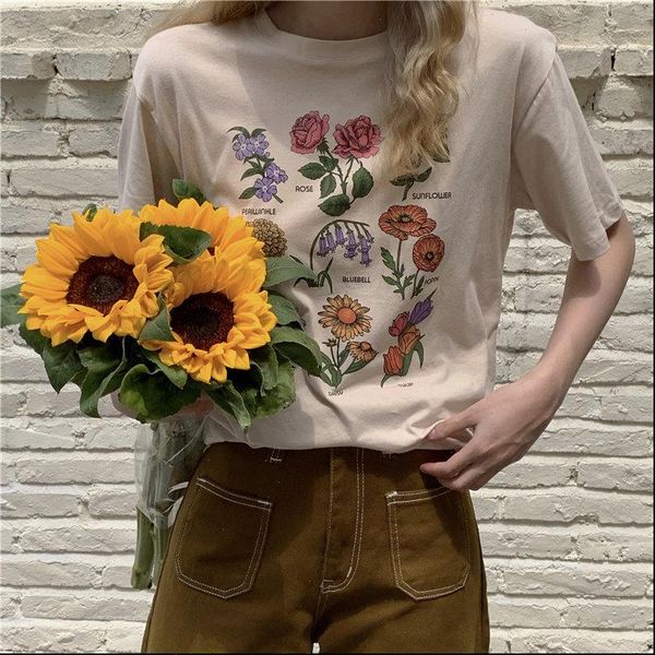 

womens oversize summer chic fashion t shirt women printed flowers loose fit short sleeve korean student, White