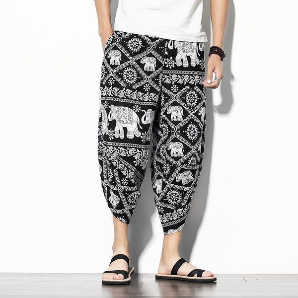 

drop men's loose cropped pants 2021 summer cotton joggers korean style fashion elastic waist sweatpants men, Black