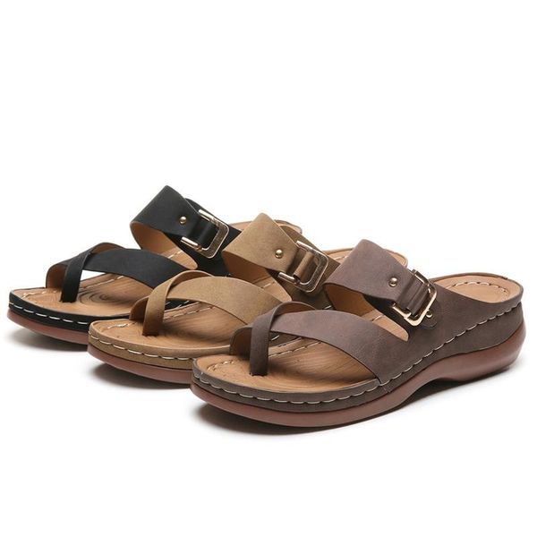 

slippers women's vintage wedges retro slipper 2021 summer platform ladies beach slides hollow out flip flops large size, Black