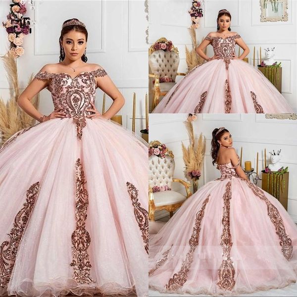 

2021 luxury rose gold blush pink sequined lace quinceanera dresses ball gown puffy off shoulder sequins sweet 16 party prom dress evening go, Blue;red