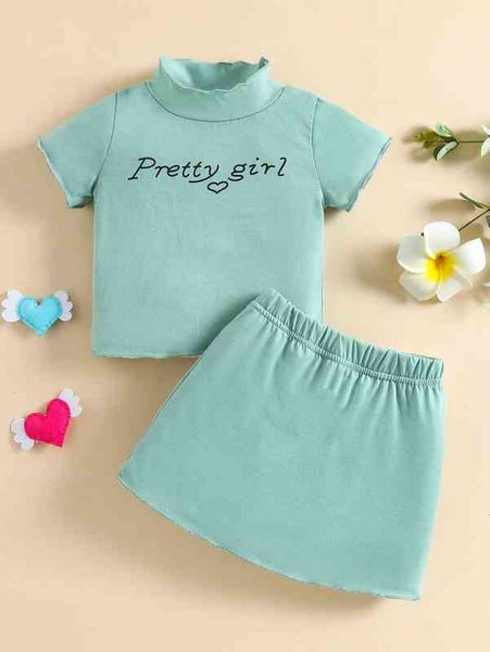 

baby heart and letter graphic mock neck tee & skirt she, White