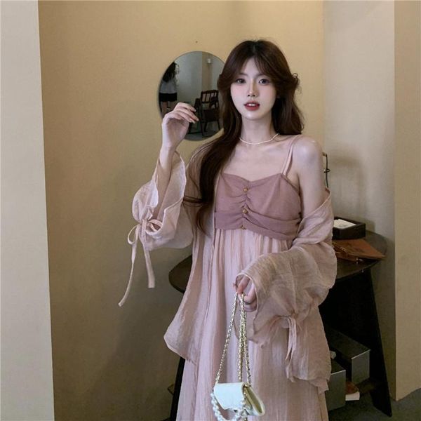 

casual dresses sweet pink camisole women autumn 2021 french elegant pleated slim waist all-match robe femme fashion vestidos female, Black;gray