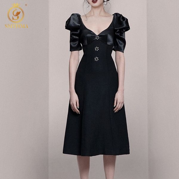 

casual dresses french style vintage summer light luxury ladies temperament elegant black sleeve vestidos rvl6, Black;gray
