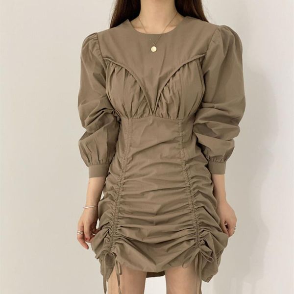 

casual dresses hzirip 2021 autumn women a-line dress fold irregular o neck drawstring puff sleeves solid color gentle fashion, Black;gray