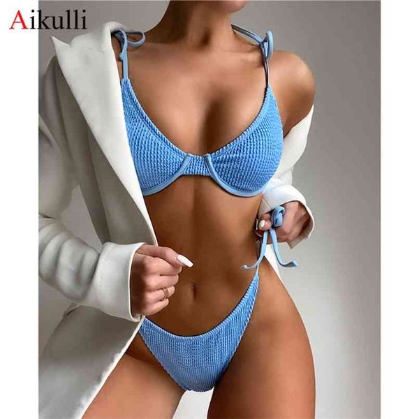 Gerippte Bikinis Tanga Badeanzug Frauen Sexy Bügel-BH Cup Bikini Set Push Up Badeanzug Strand Schwimmen Biquini Bademode 210722