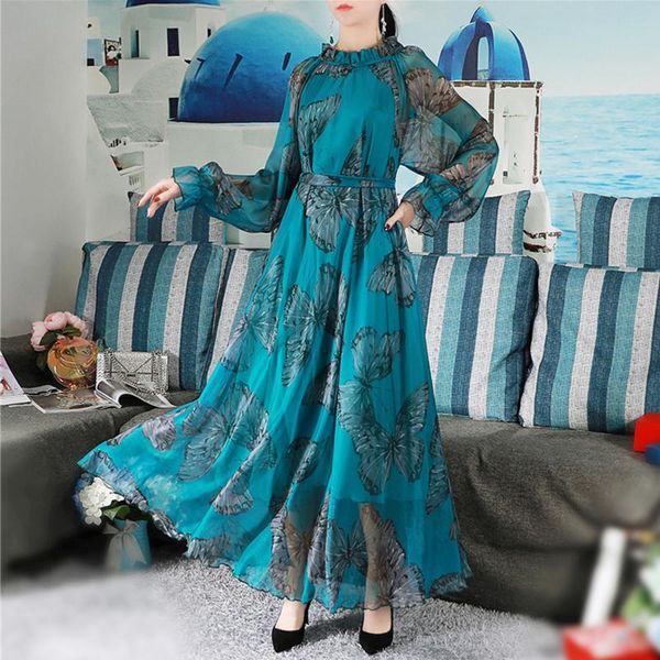 

casual dresses long sleeved vibrant butterflies maxi dress plus size summer bohemian chiffon beach holiday bangkok woman clothes, Black;gray