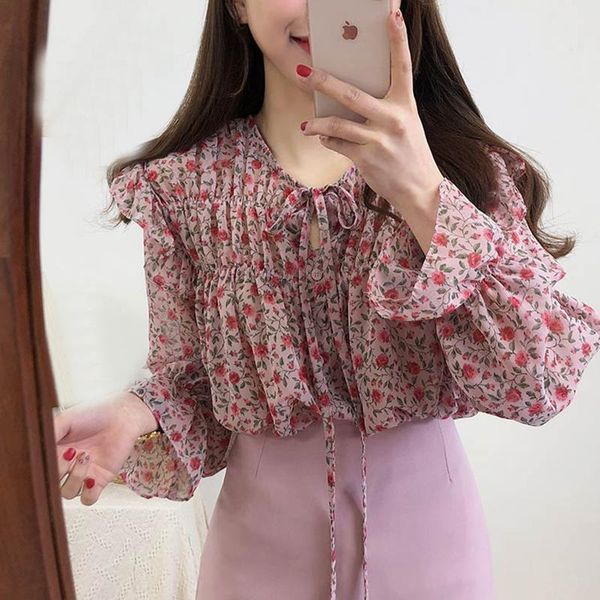 

women shirt floral chiffon blouse ruffle print bow shirts long sleeve v neck boho chic spring kawaii black blusa branca, White