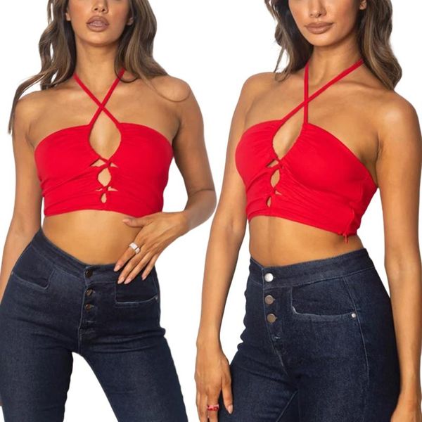

women's tanks & camis women cross bandage cropped sleeveless hollow out low-cut halter vest for summer 2021, White