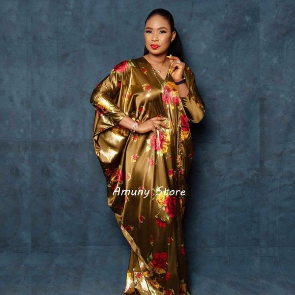 

african big baggy type womens dress elastic fabric rayon digital printing v neck robe, Black;gray