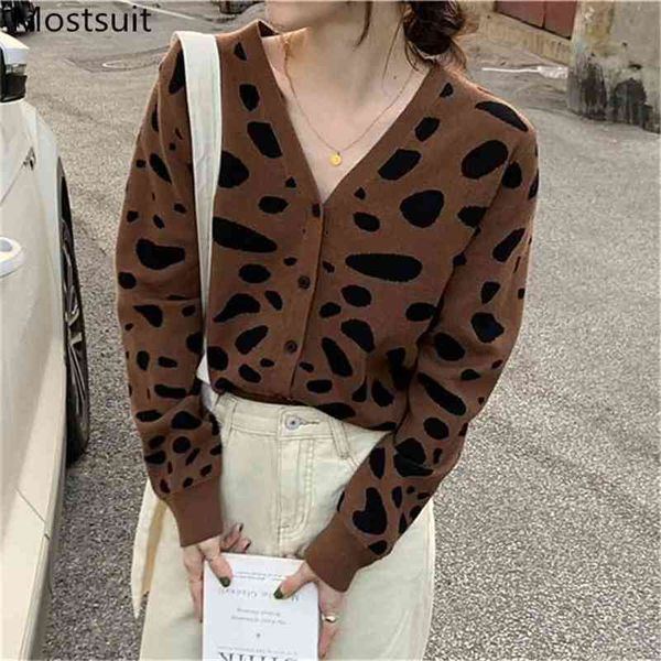 Leopardo Malha Mulheres Cardigan Sweater Manga Comprida V-Neck Único Tops Breasted Moda Vintage Senhoras Jumpers Femininos 210513