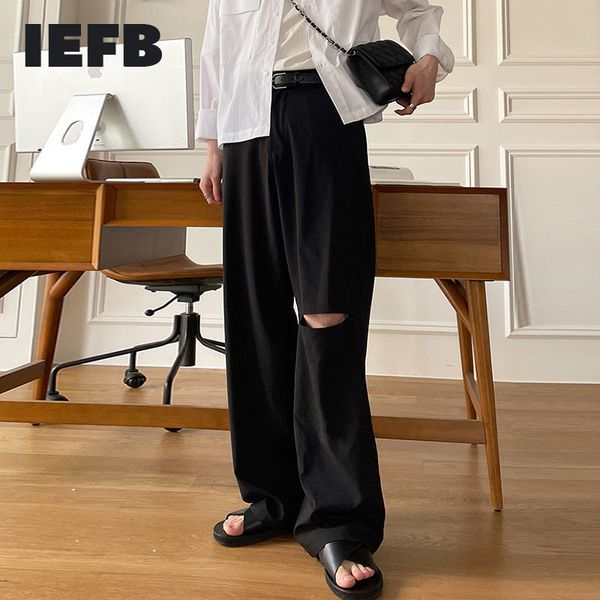 

iefb hole wide leg pants men loose solid color straight casual trousers black elastic men's clothing korean trend y7712 210524