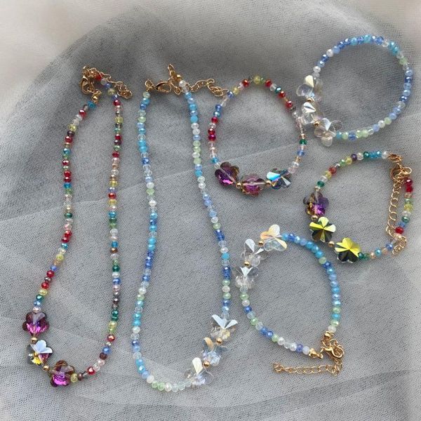 

chains fashion retro geometric butterfly necklace girly style blue transparent beaded women, Silver