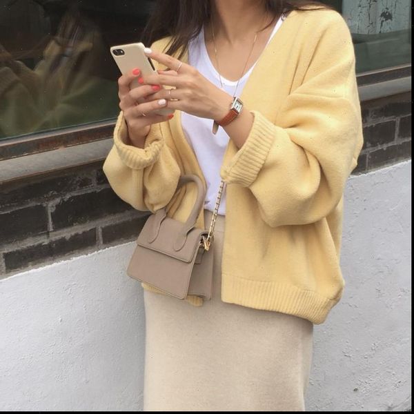 

oversized autumn winter vintage yellow women sweater cardigan single breasted long sleeve loose rabbit cashmere v957, White;black