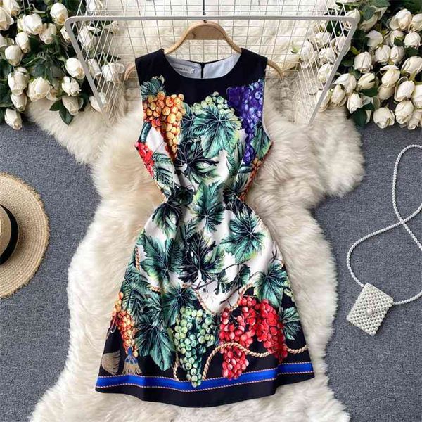 Kadın Moda Yuvarlak Boyun Kolsuz Ince Tropikal Meyve Baskı Mini A-Line Elbise Zarif Vestido De Mujer S670 210527