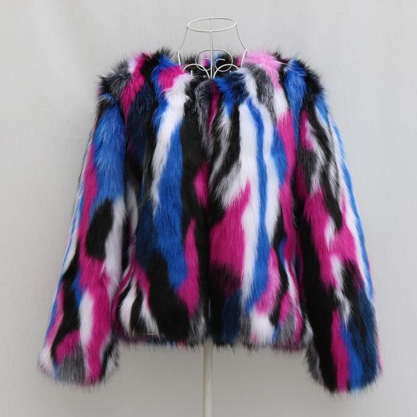

women's fur & faux thickened bomber coat colorful strip sewed women slim imitation raccoon parka jacket cardigan crop, Black