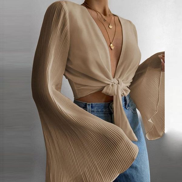 

women's blouses & shirts spring flare long sleeve beach blouse solid deep v neck women shirt blusas summer tie-up hollow out stree, White