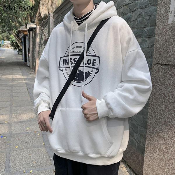 

men's hoodies & sweatshirts men with hat korean style letter print all-match chic loose leisure males high street stylish clothing, Black