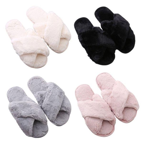 

womens winter cross plush home slippers fuzzy warm flat shoes open toe sandals k9fe, Black