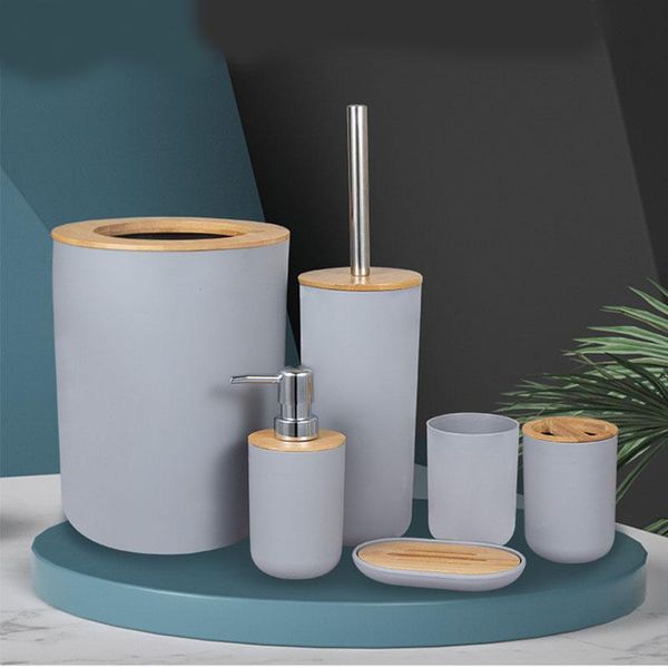 

bamboo soap dispensertrash can toothbrushcigarette holder lotion bottle 6-piece bathroom accessories bath accessory set