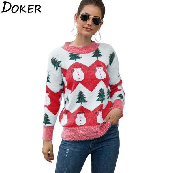 

snowman christmas tree sweater women autumn winter o-neck long sleeve jumper sweaters and pullovers vintage knitted sweater 210423, White;black