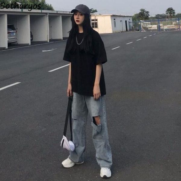 

women's jeans women straight hole ripped mopping trousers washed streetwear vintage bf all-match harajuku stylish chic casual female in, Blue