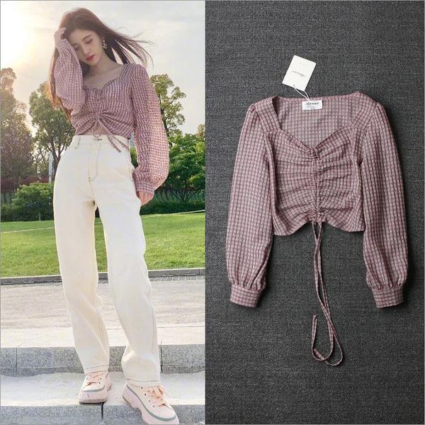 

women's blouses & shirts ju jingyi's same plaid drawstring for short design, White