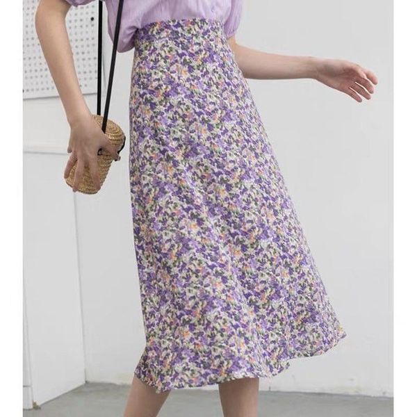 

skirts floral chiffon women summer 2021 high waist a-line knee-length elegant lady skirt clothing quality, Black