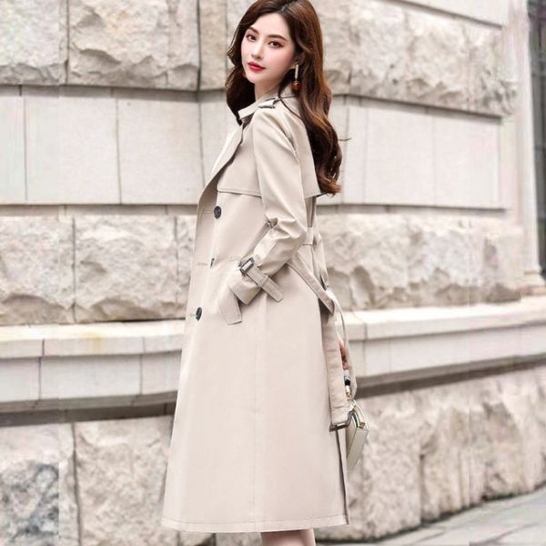 

autumn winter women turn-down collar double breasted trench office lady solid long with belt 210423, Tan;black