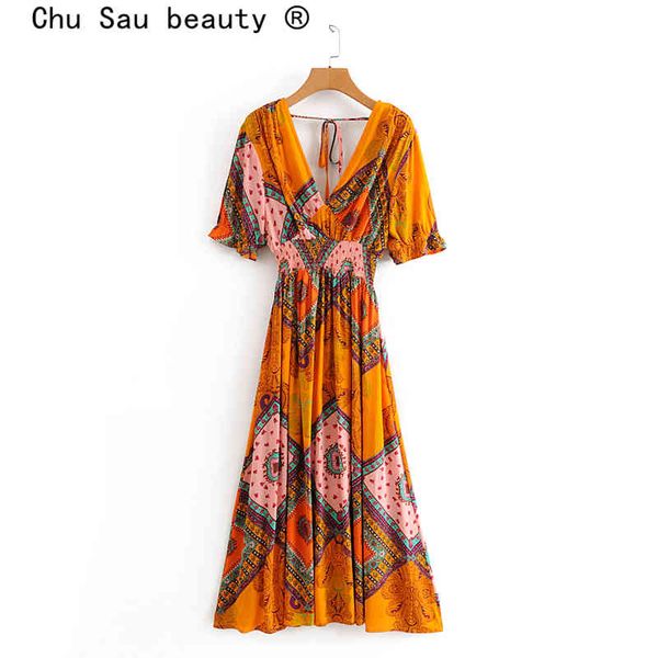 

chu sau beauty boho vintage deep v-neck printed summer midi dress women holiday backless dresses mujer vestido de moda 210508, Black;gray