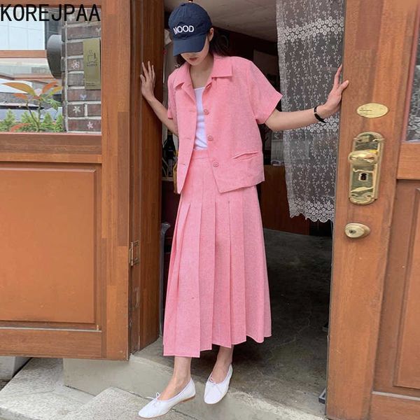 Korejpaa Женщины Устанавливает Летний Корейский Нежный сладкий отворот Вишневый цвет розовый однобортный пиджак высокая талия плиссированная юбка 210526