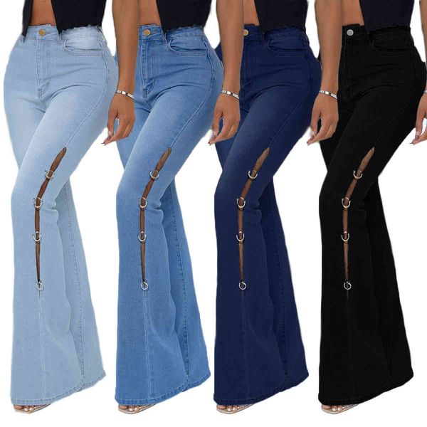 

women's jeans jeans high side waist with sequins decorating long jeans, casual solid color dnz5, Blue