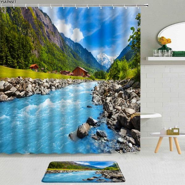 

shower curtains 2pcs mountain river curtain forest natural scenery lake flower starry sky fabric non-slip bath mat bathroom set