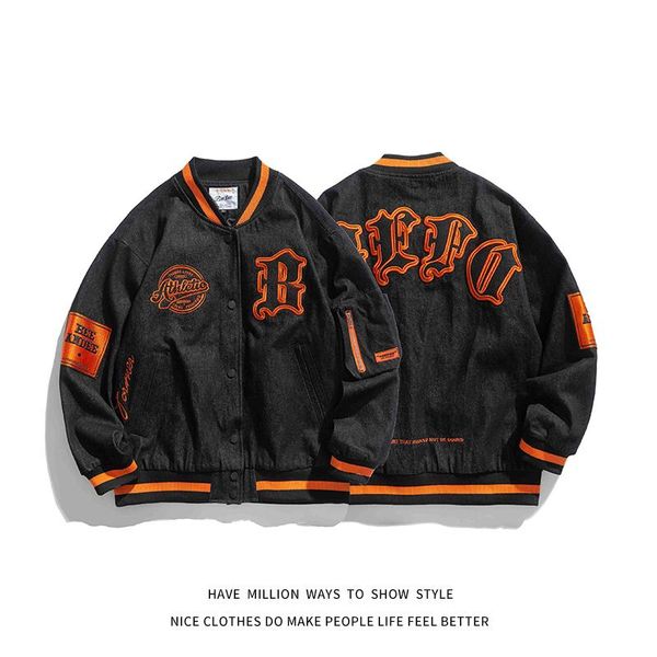 

men's jackets 2021 autumn old school letter embroid denim coat baseball jacket bomber women's boyfriend style varsity street, Black;brown