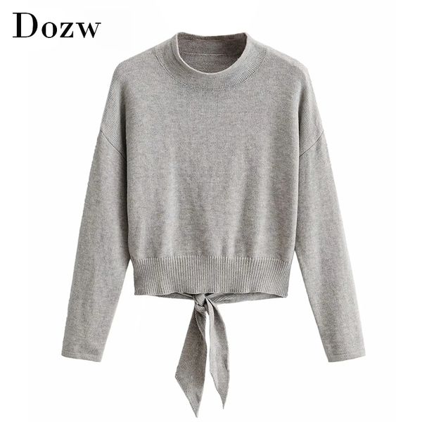 

women casual o neck gray sweater fashion back hollow out tie up batwing long sleeve pullover ladies jumpers 210414, White;black