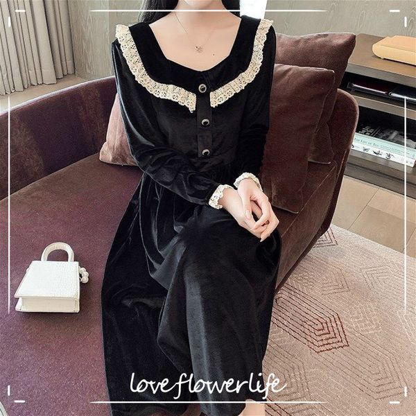 

black party dress women long sleeve elegant vintage dress female square collar ruffles fashion korean midi dress autumn 210521, Black;gray