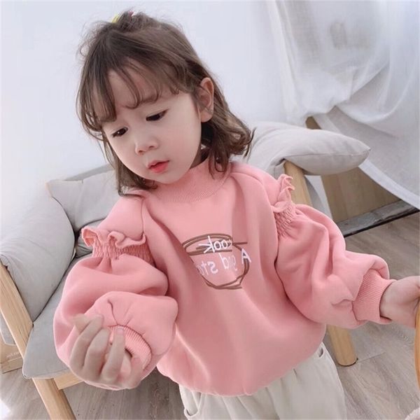 Meninas Inverno de manga comprida Sweater Coreano Lace Plus Fleece Top Japão e All-Match Round Neck This Kids Roupas 210625