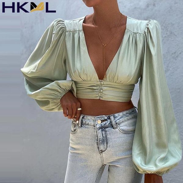 

women's blouses & shirts women lantern long sleeve deep v neck button up solid casual elegant party crop 2021 summer, White