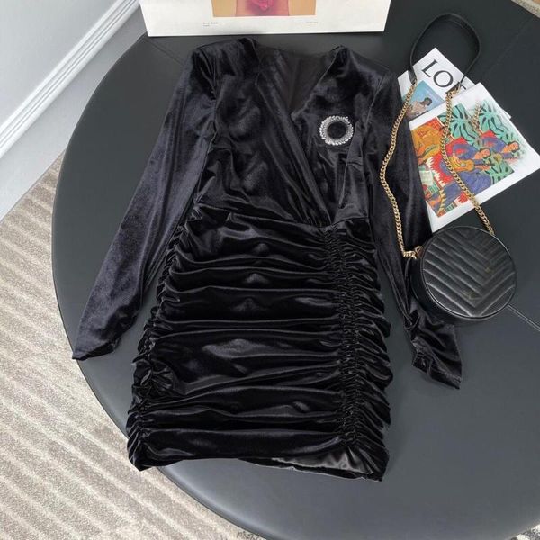 

casual dresses 2021fw autumn fashion women diamonds v neck velvet long sleeve slim for ladies ddxgz2, Black;gray