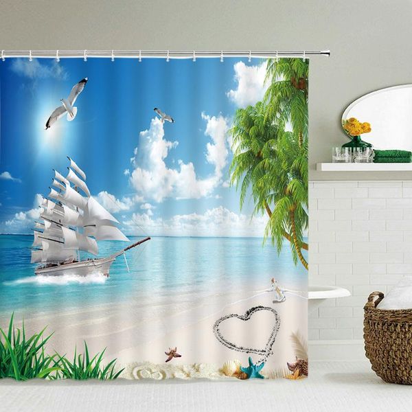 

printed sunny beach shower curtain sea scenery bath screen waterproof polyester bathroom curtains home decoration with hooks