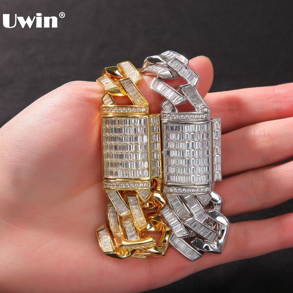 

uwin 20mm baguette prong cuban link necklace cz iced out chain hip hop fashion jewelry luxury bling white gold chain for gift x0509, Golden;silver
