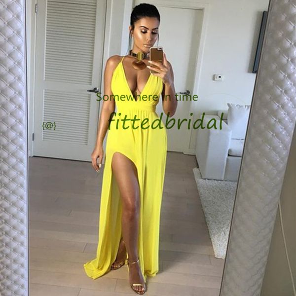 

yellow v neckline prom dresses high side split long evening dresses sweep vestidos de fiesta arabic aso ebi prom dress, Black