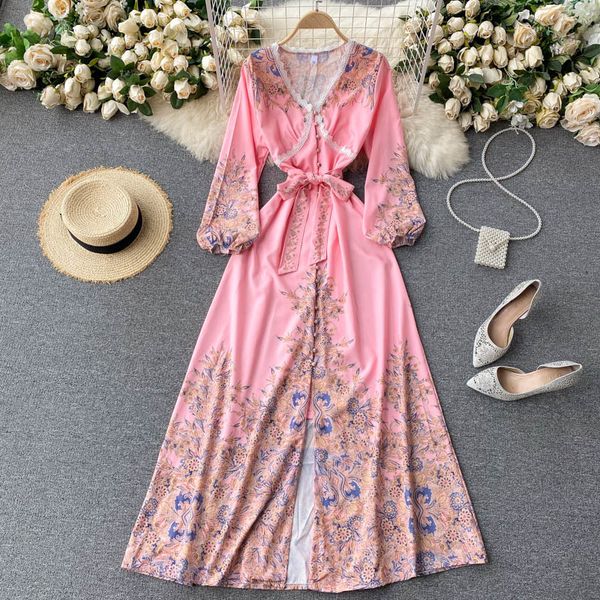 

singreiny women fashion print maxi dress french lace v neck puff sleeve button belt dresses spring boho holiday long dress 210419, Black;gray