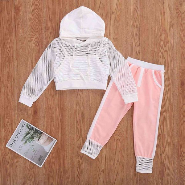 

autumn 2 7y fashion kids baby girls clothes sets 3pcs mesh net long sleeve hooded vest solid pants spring, White