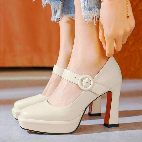 

dress shoes platform pumps women's cow leather round toe high heels ankle strap wedding party 34-43, Black