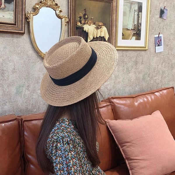 

wide brim hats 2021 handmade straw beach hat for women summer holiday panama cap fashion concave flat sun protection visor, Blue;gray