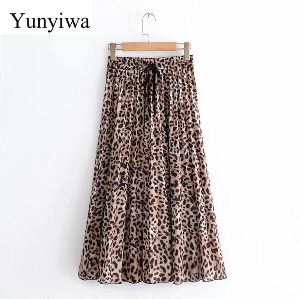 

skirts 2021 women vintage leopard printing pleated midi skirt faldas mujer ladies elastic waist sashes chic mid-calf, Black