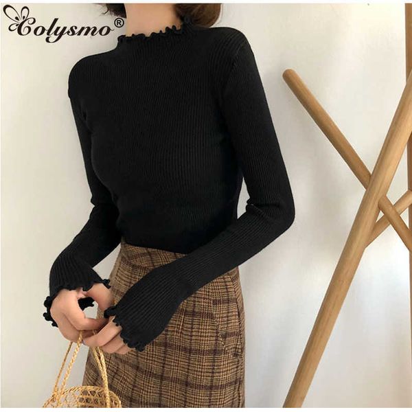 

colysmo ruffle turtleneck sweater women autumn and winter thin long sleeve ribbed knit jumper ladies pink slim fit pullover 210527, White;black